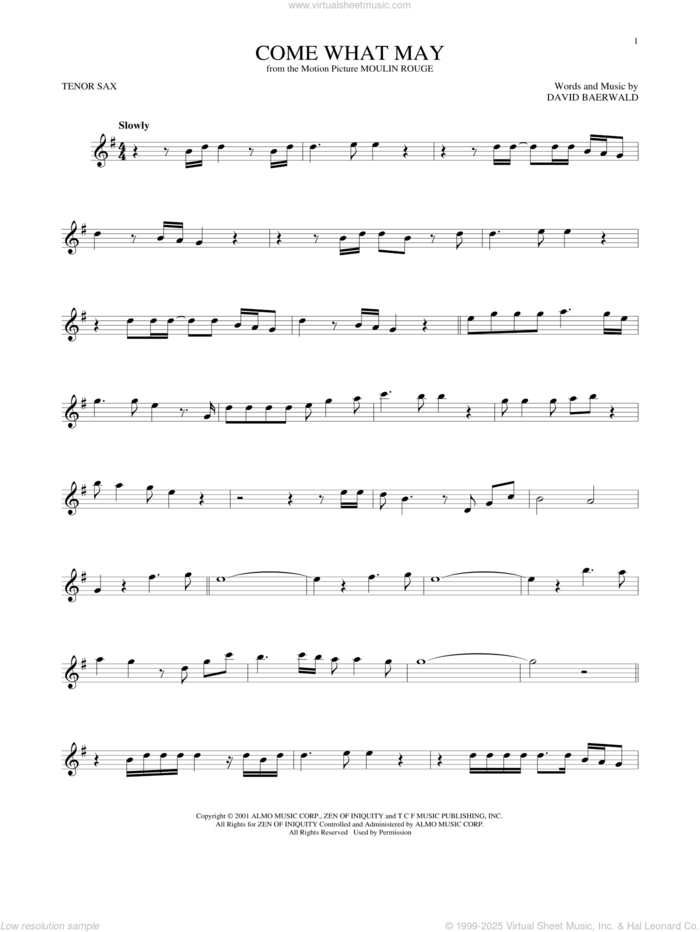 Come What May (from Moulin Rouge) sheet music for tenor saxophone solo by Nicole Kidman & Ewan McGregor, Nicole Kidman and Ewan McGregor and David Baerwald, intermediate skill level