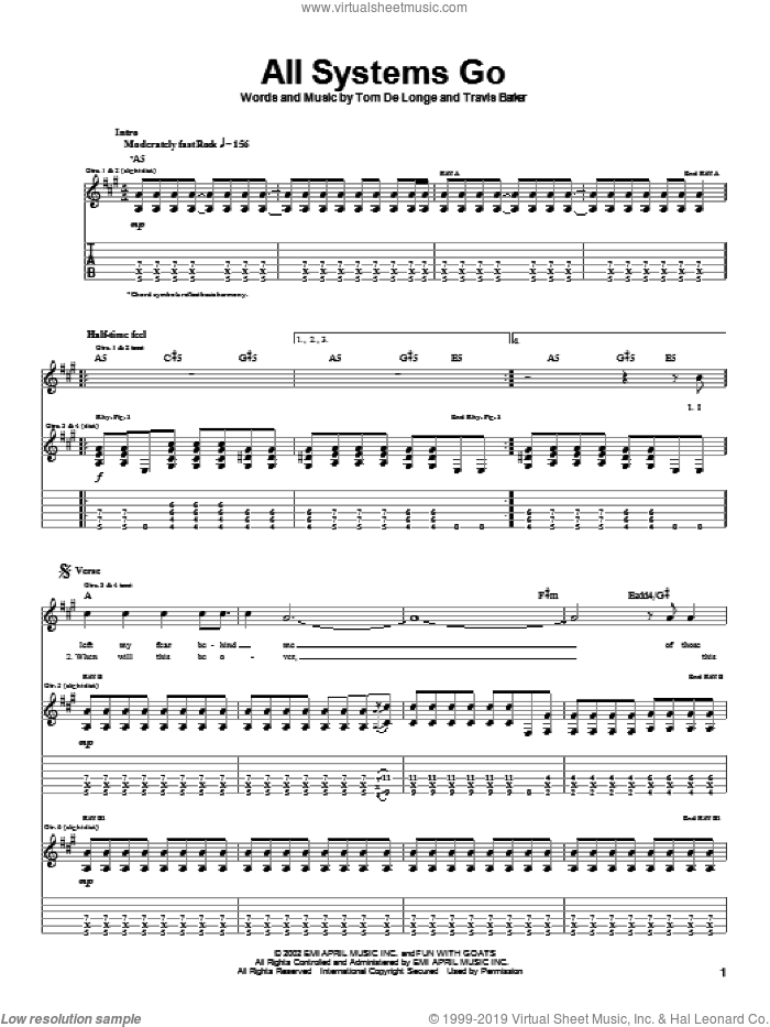 All Systems Go sheet music for guitar (tablature) by Box Car Racer, Tom DeLonge and Travis Barker, intermediate skill level