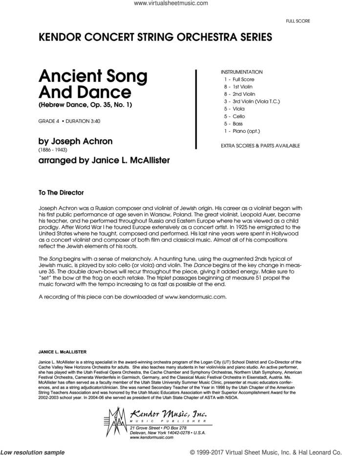 Ancient Song And Dance (Hebrew Dance, Op. 35, No. 1) (COMPLETE) sheet music for orchestra by Janice McAllister, intermediate skill level