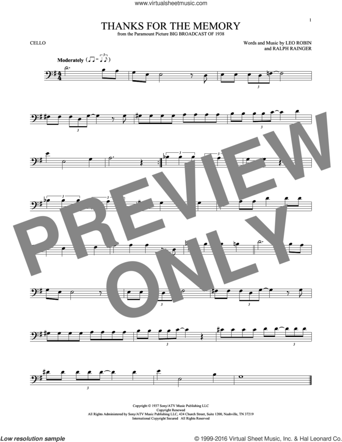 Thanks For The Memory sheet music for cello solo by Leo Robin, Dave McKenna, Mildred Bailey, Shep Fields and Ralph Rainger, intermediate skill level