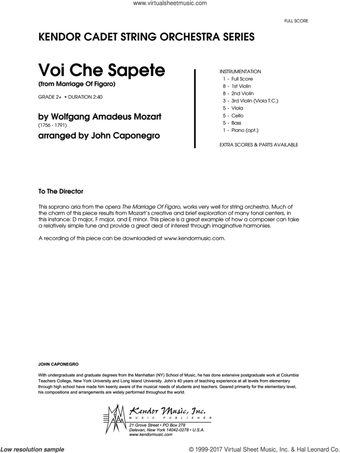 Voi Che Sapete (from Marriage Of Figaro) (COMPLETE) sheet music for orchestra by Wolfgang Amadeus Mozart and John Caponegro, classical score, intermediate skill level