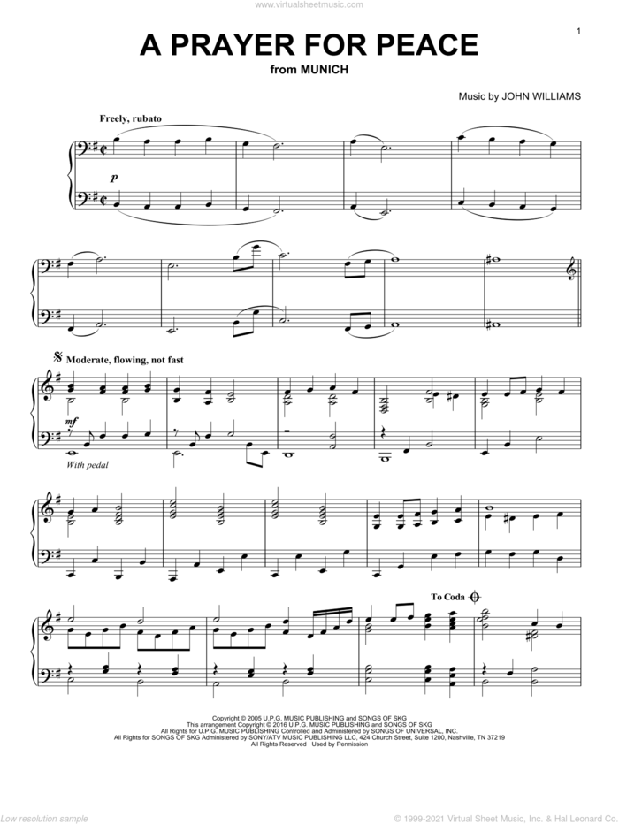 A Prayer For Peace sheet music for piano solo by John Williams, intermediate skill level