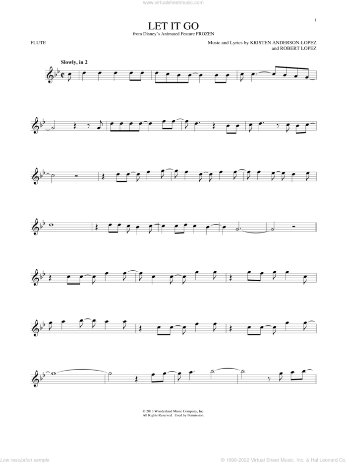 Let It Go (from Frozen) sheet music for flute solo by Idina Menzel, Kristen Anderson-Lopez and Robert Lopez, intermediate skill level