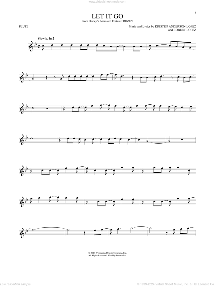 Let It Go (from Frozen) sheet music for flute solo by Idina Menzel, Kristen Anderson-Lopez and Robert Lopez, intermediate skill level