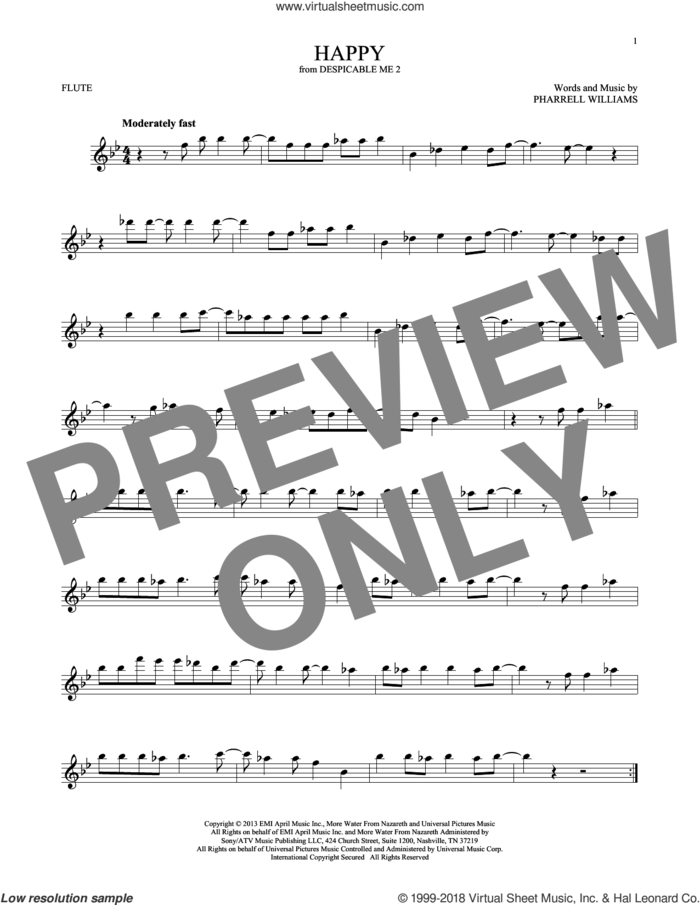 Happy sheet music for flute solo by Pharrell and Pharrell Williams, intermediate skill level