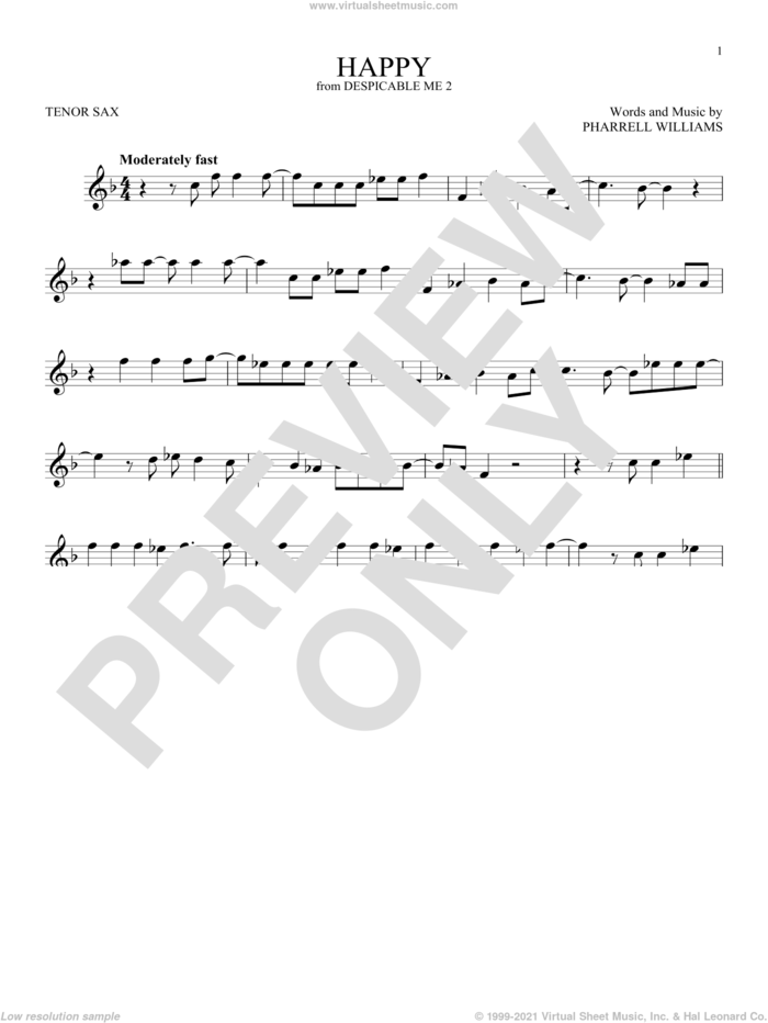 Happy sheet music for tenor saxophone solo by Pharrell and Pharrell Williams, intermediate skill level