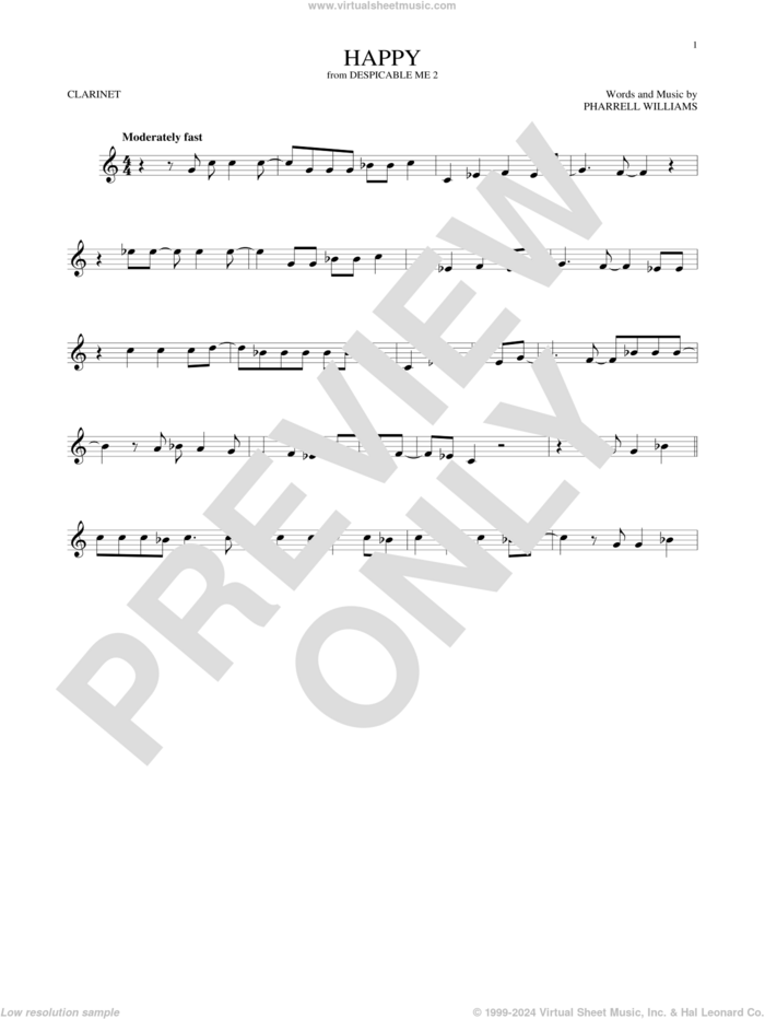 Happy sheet music for clarinet solo by Pharrell and Pharrell Williams, intermediate skill level