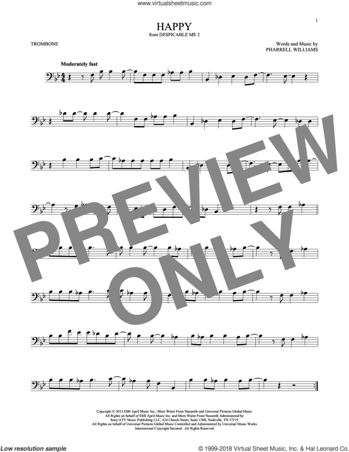 Happy sheet music for trombone solo by Pharrell and Pharrell Williams, intermediate skill level