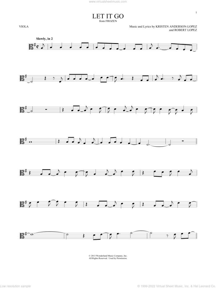 Let It Go (from Frozen) sheet music for viola solo by Idina Menzel, Kristen Anderson-Lopez and Robert Lopez, intermediate skill level