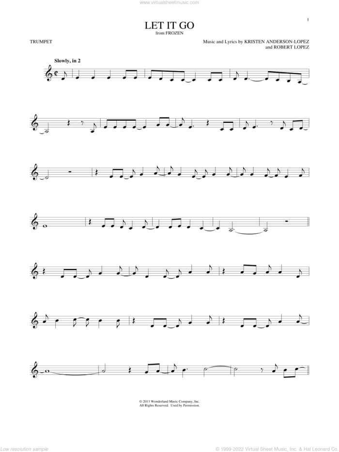 Let It Go (from Frozen) sheet music for trumpet solo by Idina Menzel, Kristen Anderson-Lopez and Robert Lopez, intermediate skill level