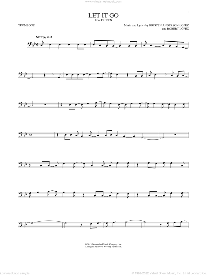 Let It Go (from Frozen) sheet music for trombone solo by Idina Menzel, Kristen Anderson-Lopez and Robert Lopez, intermediate skill level
