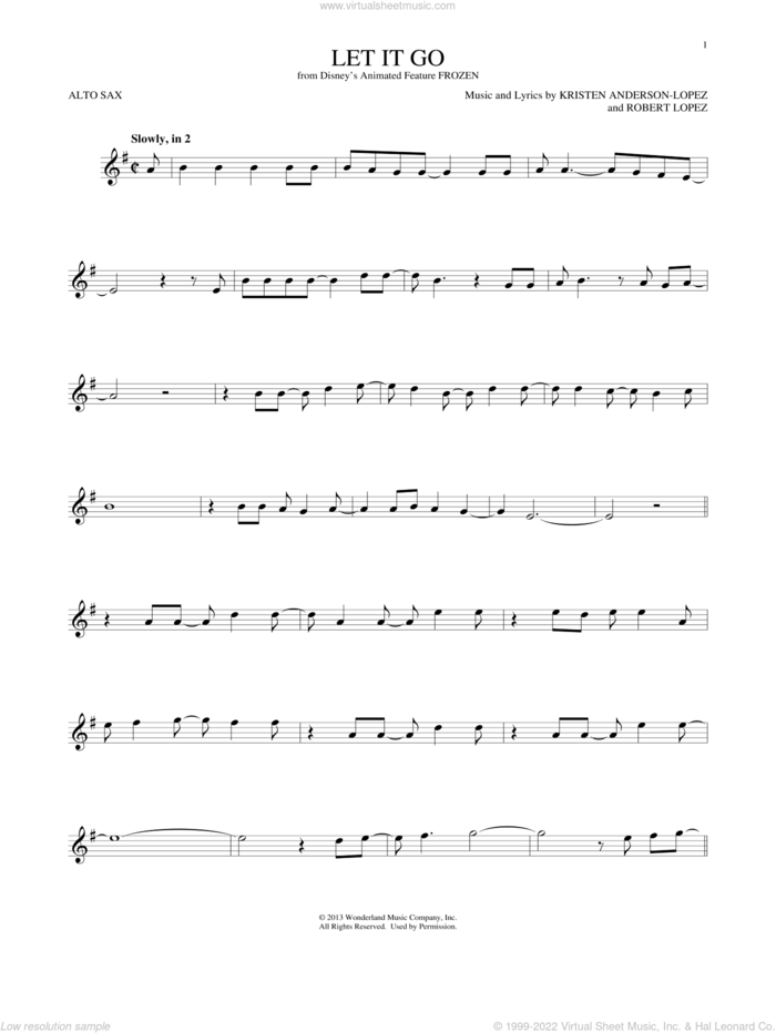 Let It Go (from Frozen) sheet music for alto saxophone solo by Idina Menzel, Kristen Anderson-Lopez and Robert Lopez, intermediate skill level
