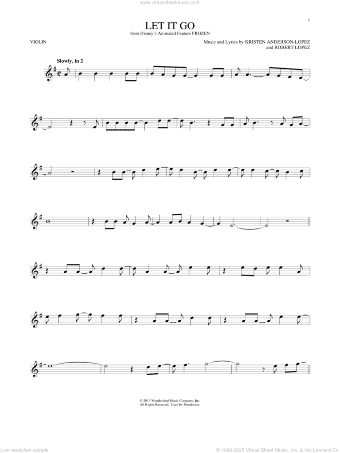Let It Go (from Frozen) sheet music for violin solo by Idina Menzel, Kristen Anderson-Lopez and Robert Lopez, intermediate skill level