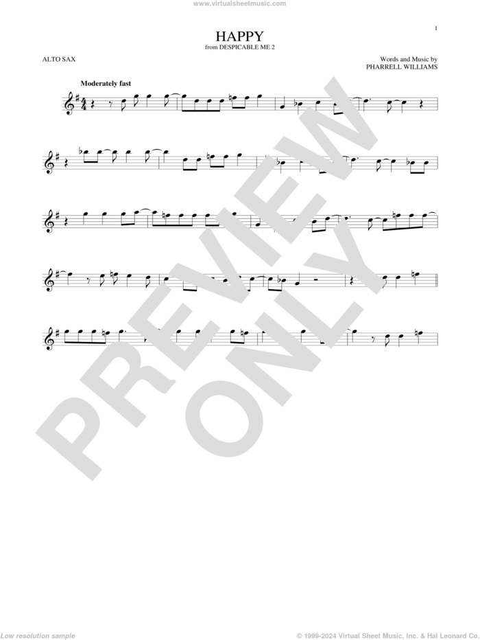 Happy sheet music for alto saxophone solo by Pharrell and Pharrell Williams, intermediate skill level