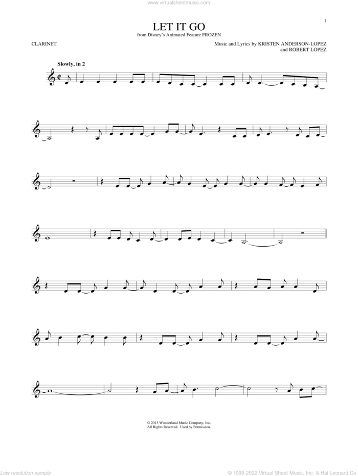 Let It Go (from Frozen) sheet music for clarinet solo by Idina Menzel, Kristen Anderson-Lopez and Robert Lopez, intermediate skill level