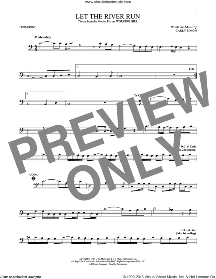 Let The River Run sheet music for trombone solo by Carly Simon, intermediate skill level