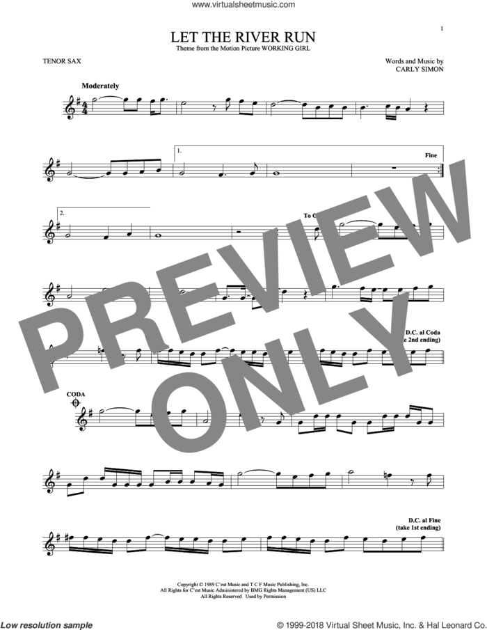 Let The River Run sheet music for tenor saxophone solo by Carly Simon, intermediate skill level