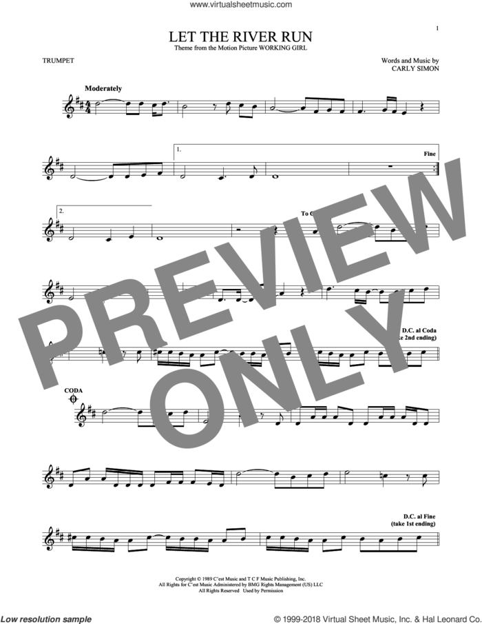 Let The River Run sheet music for trumpet solo by Carly Simon, intermediate skill level