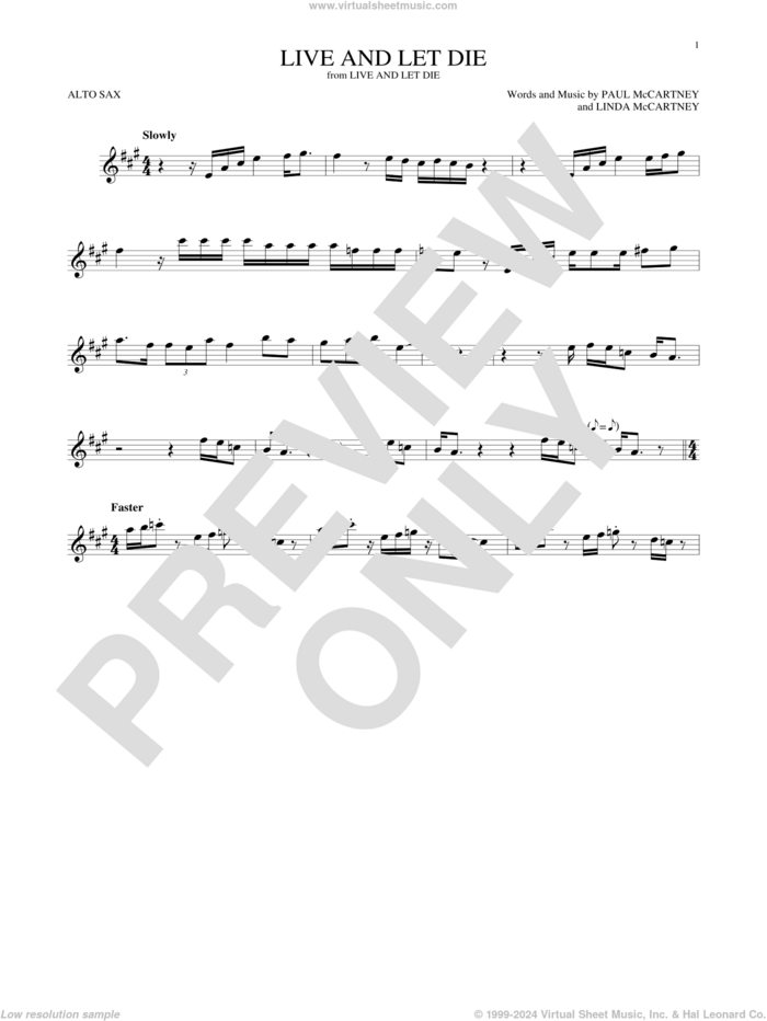 Live And Let Die sheet music for alto saxophone solo by Wings, Linda McCartney and Paul McCartney, intermediate skill level