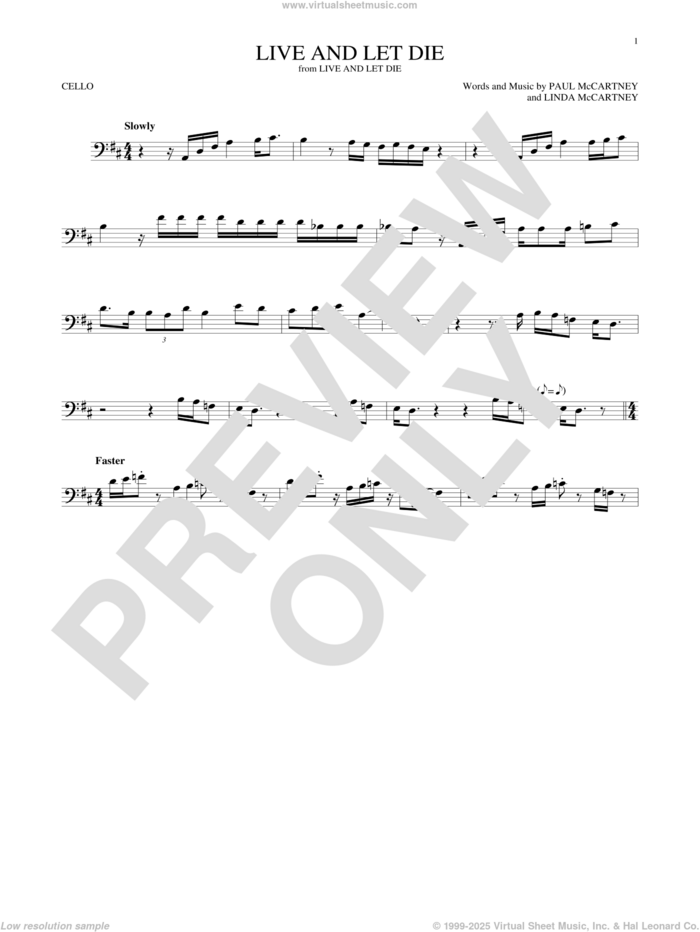 Live And Let Die sheet music for cello solo by Wings, Linda McCartney and Paul McCartney, intermediate skill level