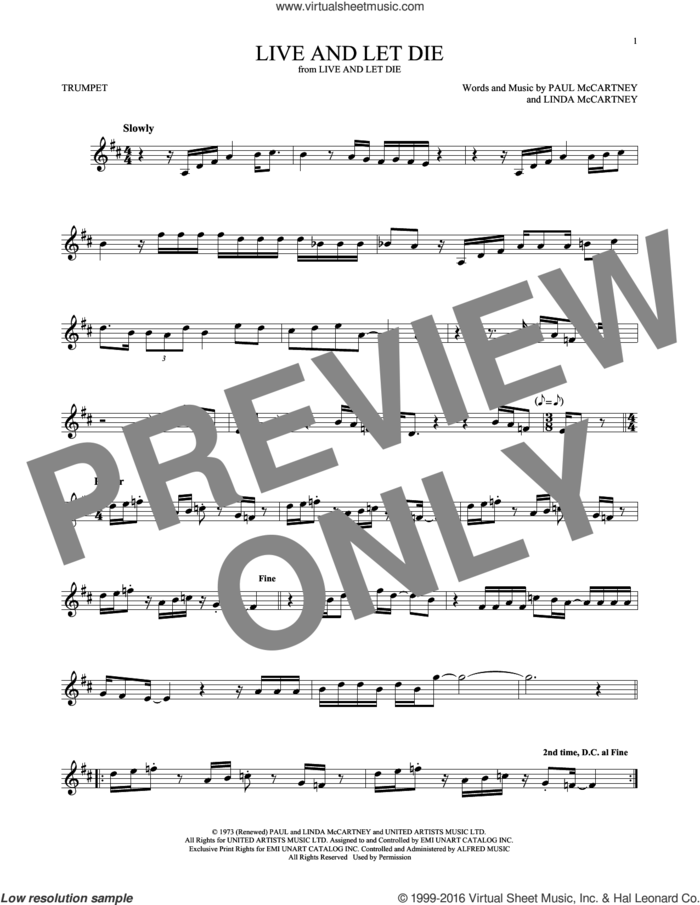 Live And Let Die sheet music for trumpet solo by Wings, Linda McCartney and Paul McCartney, intermediate skill level