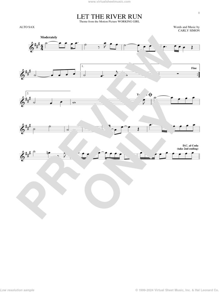 Let The River Run sheet music for alto saxophone solo by Carly Simon, intermediate skill level