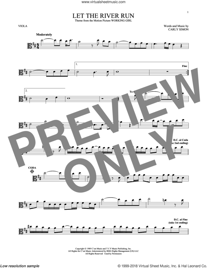 Let The River Run sheet music for viola solo by Carly Simon, intermediate skill level