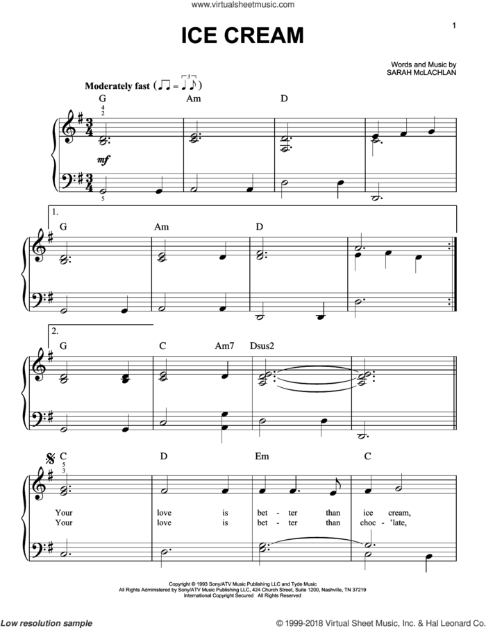 Ice Cream sheet music for piano solo by Sarah McLachlan, easy skill level