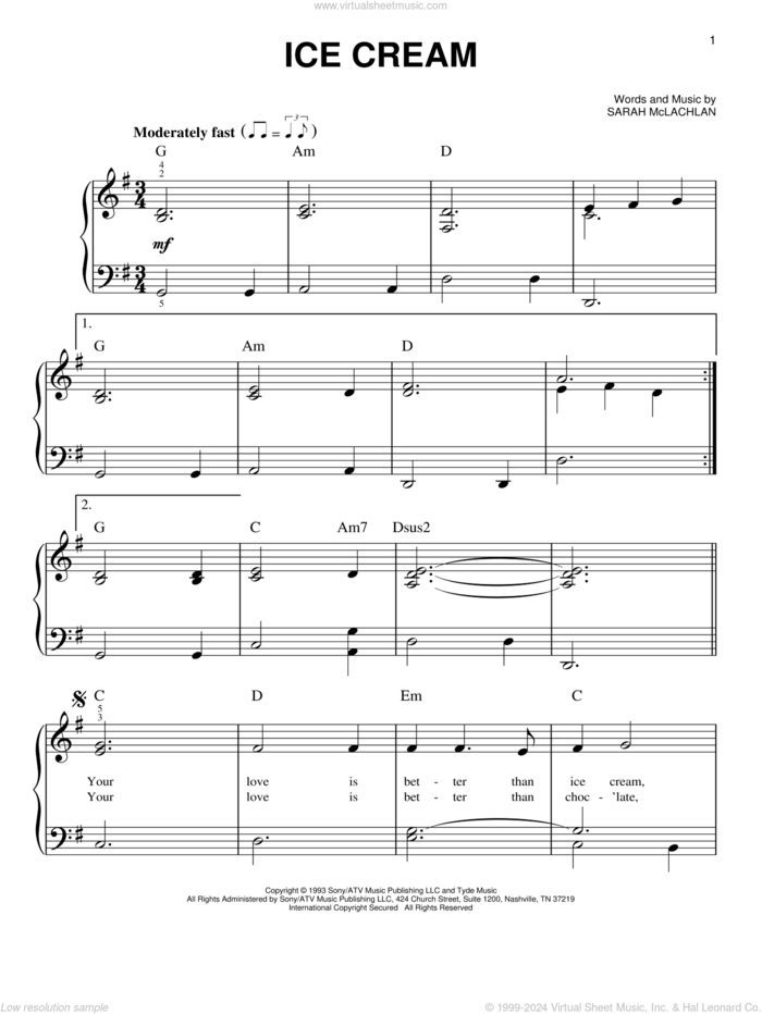 Ice Cream sheet music for piano solo by Sarah McLachlan, easy skill level