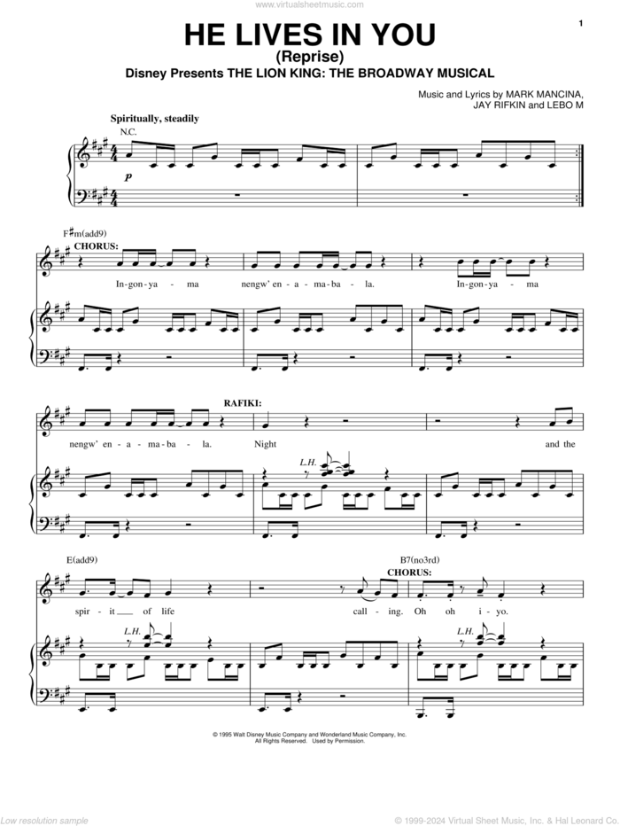 He Lives In You (Reprise) (from The Lion King: Broadway Musical) sheet music for voice, piano or guitar by Elton John, Tim Rice, Jay Rifkin, Lebo M. and Mark Mancina, intermediate skill level