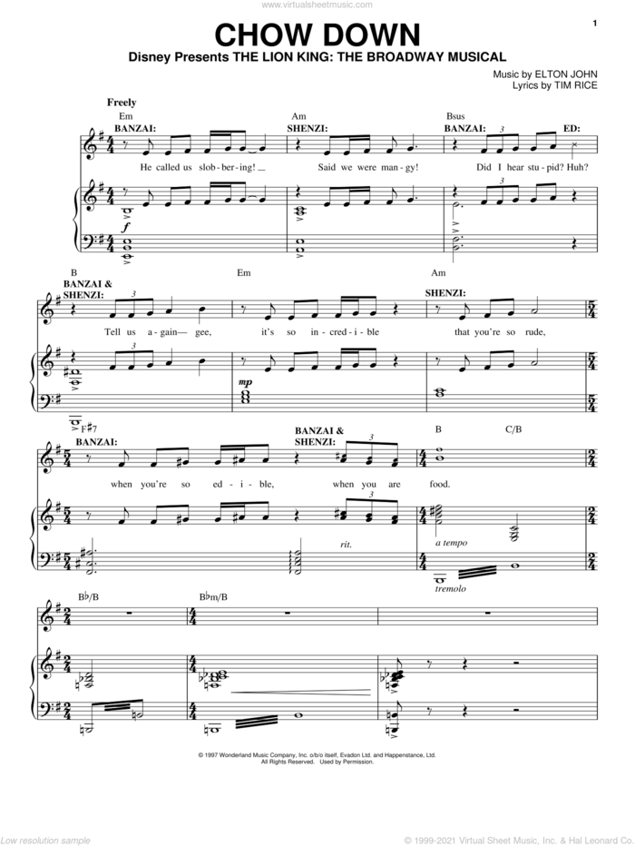 Chow Down (from The Lion King: Broadway Musical) sheet music for voice, piano or guitar by Elton John and Tim Rice, intermediate skill level