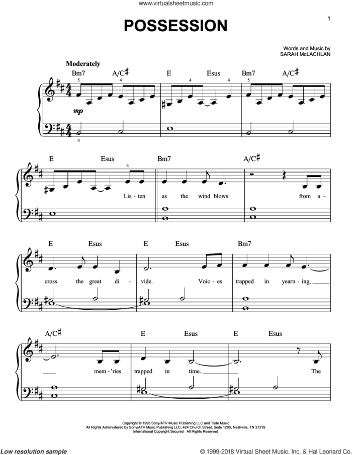 Possession sheet music for piano solo by Sarah McLachlan, easy skill level