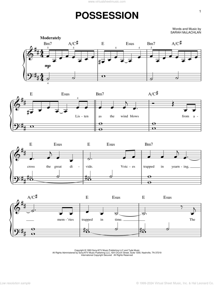 Possession sheet music for piano solo by Sarah McLachlan, easy skill level