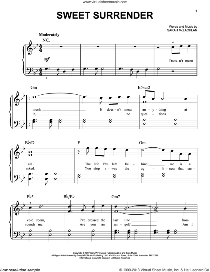 Sweet Surrender, (easy) sheet music for piano solo by Sarah McLachlan, easy skill level