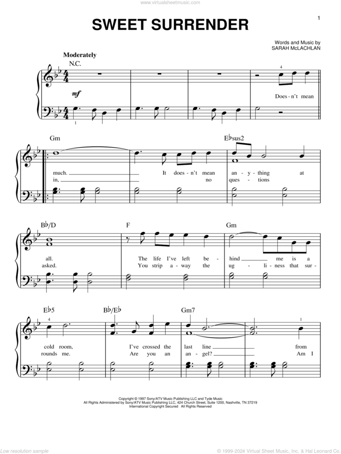 Sweet Surrender, (easy) sheet music for piano solo by Sarah McLachlan, easy skill level