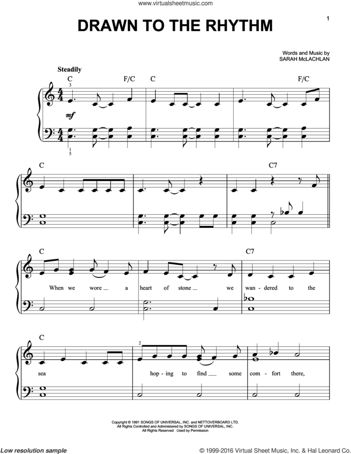 Drawn To The Rhythm sheet music for piano solo by Sarah McLachlan, easy skill level