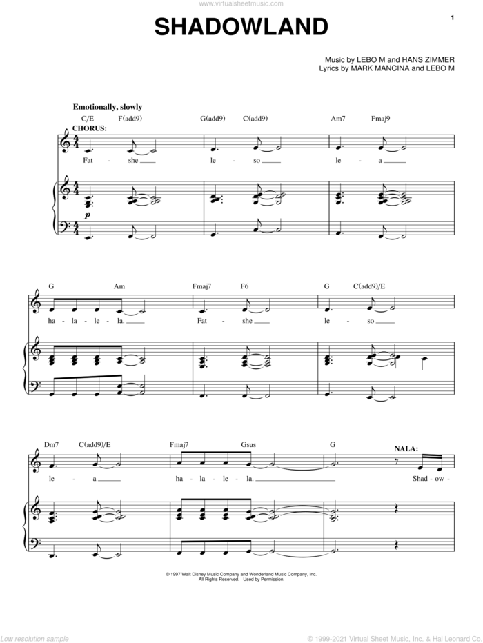 Shadowland (from The Lion King: Broadway Musical) sheet music for voice, piano or guitar by Elton John, Tim Rice, Hans Zimmer, Lebo M., Lebo M., Hans Zimmer and Mark Mancina and Mark Mancina, intermediate skill level