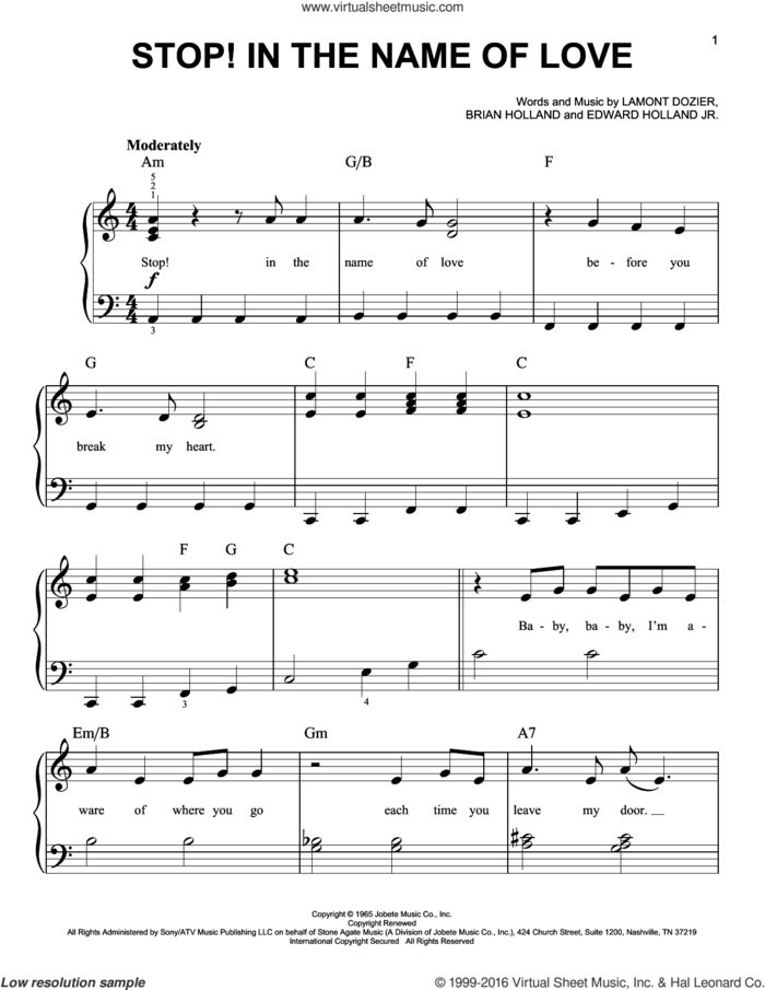 Stop! In The Name Of Love sheet music for piano solo by The Supremes, Brian Holland, Edward Holland Jr. and Lamont Dozier, easy skill level