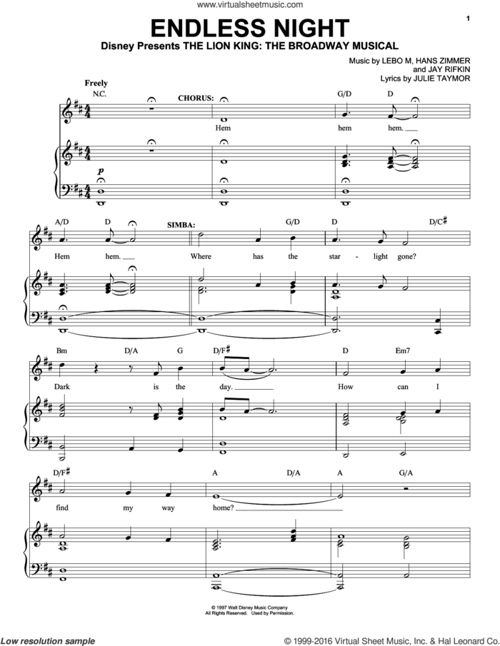 Endless Night (from The Lion King: Broadway Musical) sheet music for voice, piano or guitar by Elton John, Richard Walters, Tim Rice, Hans Zimmer, Jay Rifkin, Julie Taymor, Lebo M. and Lebo M., Hans Zimmer, Jay Rifkin and Julie Taymor, intermediate skill level