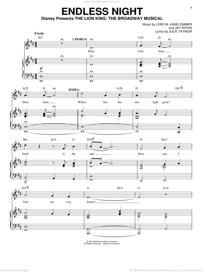 Endless Night (from The Lion King: Broadway Musical) sheet music for voice, piano or guitar by Elton John, Richard Walters, Tim Rice, Hans Zimmer, Jay Rifkin, Julie Taymor, Lebo M. and Lebo M., Hans Zimmer, Jay Rifkin and Julie Taymor, intermediate skill level