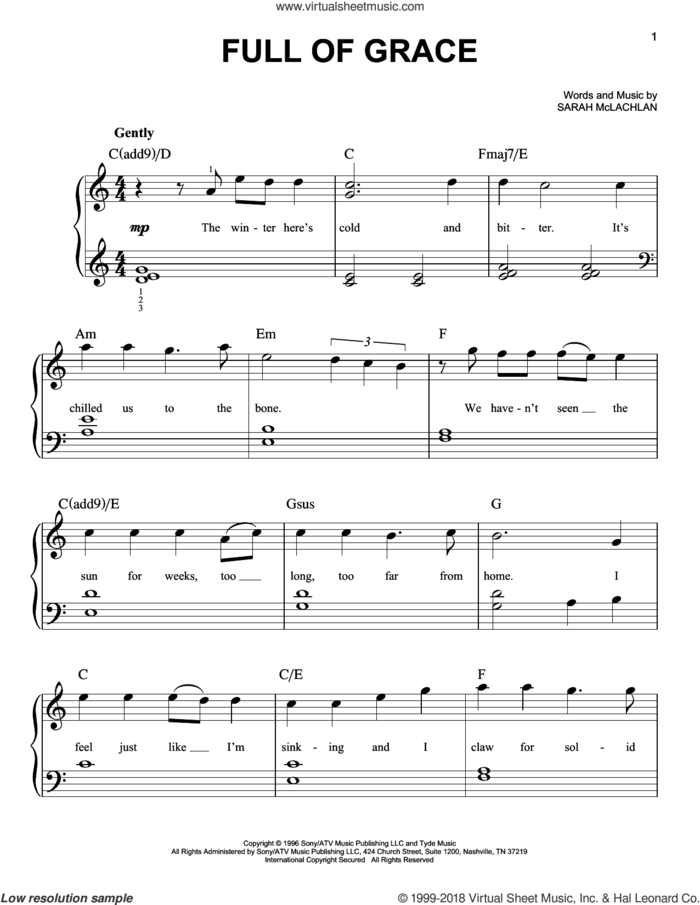 Full Of Grace sheet music for piano solo by Sarah McLachlan, easy skill level