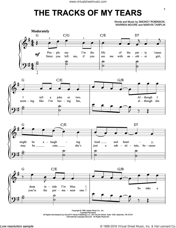 The Tracks Of My Tears sheet music for piano solo by Linda Ronstadt, Marvin Tarplin and Warren Moore, easy skill level