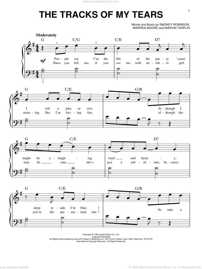 The Tracks Of My Tears sheet music for piano solo by Linda Ronstadt, Marvin Tarplin and Warren Moore, easy skill level