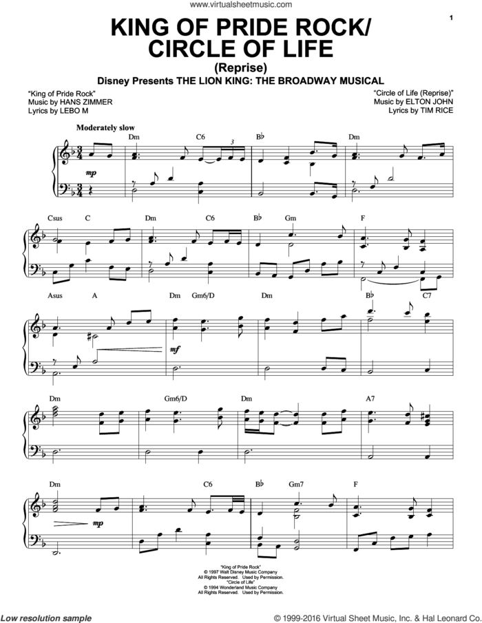 King Of Pride Rock (from The Lion King: Broadway Musical) sheet music for voice, piano or guitar by Elton John, Tim Rice, Hans Zimmer and Lebo M., intermediate skill level