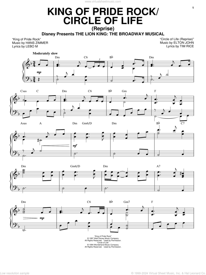 King Of Pride Rock (from The Lion King: Broadway Musical) sheet music for voice, piano or guitar by Elton John, Tim Rice, Hans Zimmer and Lebo M., intermediate skill level