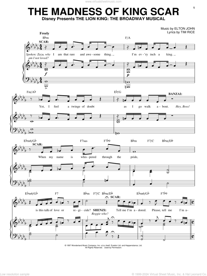 The Madness Of King Scar (from The Lion King: Broadway Musical) sheet music for voice, piano or guitar by Elton John and Tim Rice, intermediate skill level