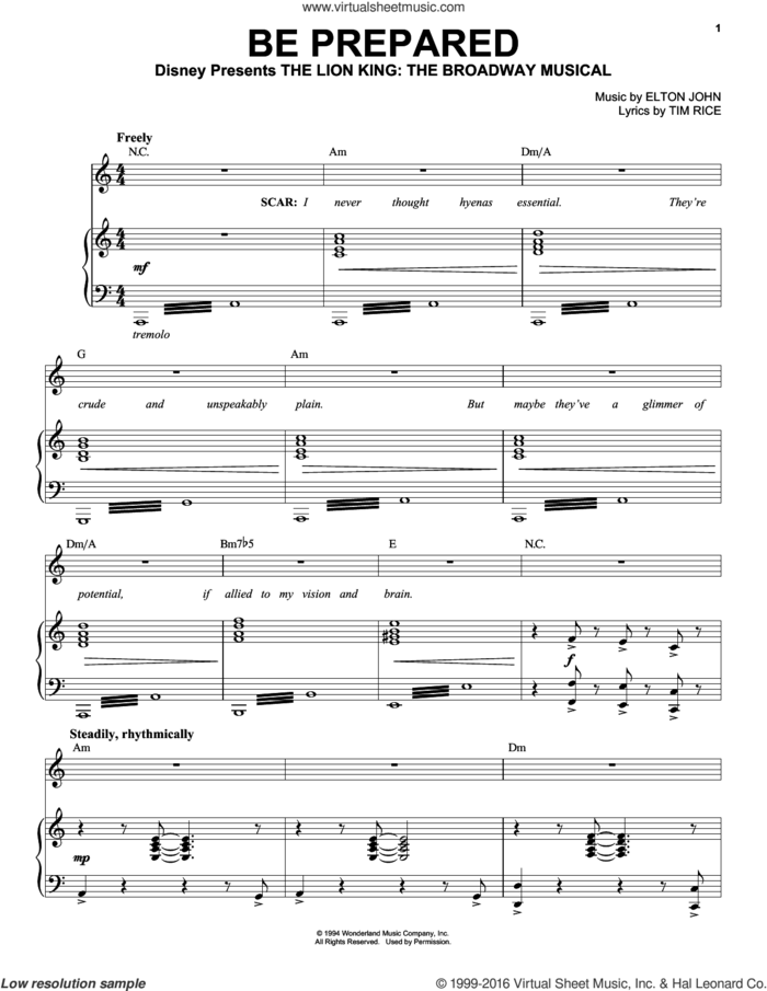 Be Prepared (from The Lion King: Broadway Musical) sheet music for voice, piano or guitar by Elton John and Tim Rice, intermediate skill level