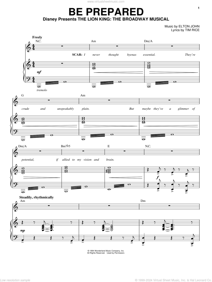 Be Prepared (from The Lion King: Broadway Musical) sheet music for voice, piano or guitar by Elton John and Tim Rice, intermediate skill level