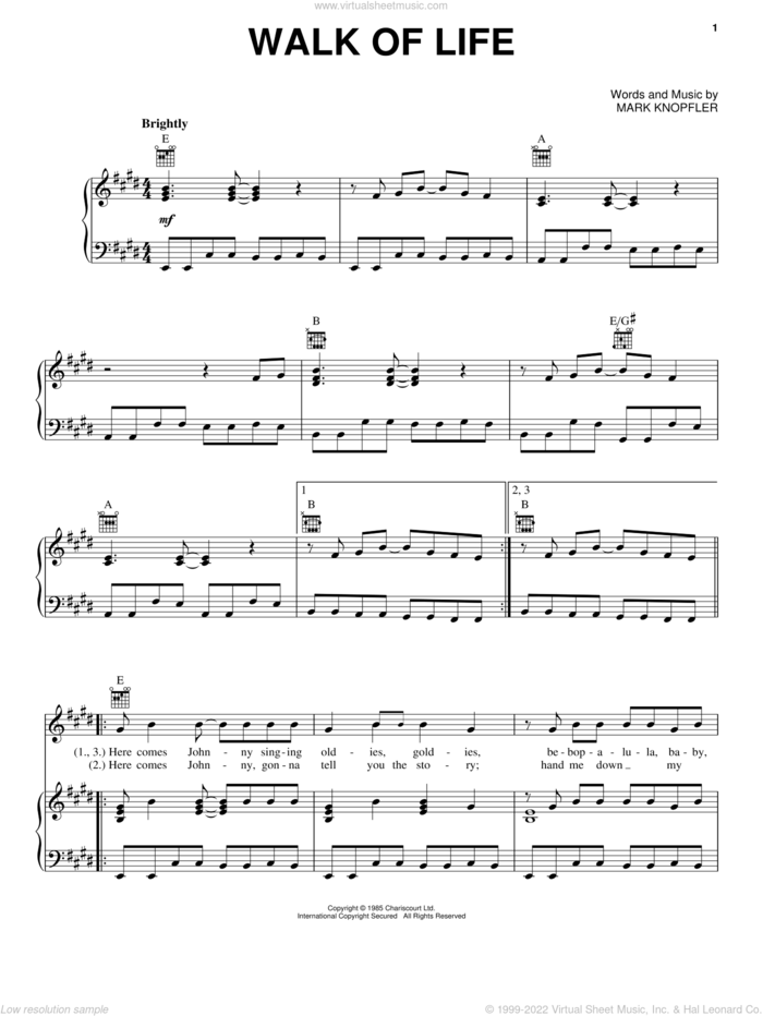 Walk Of Life sheet music for voice, piano or guitar by Mark Knopfler and Dire Straits, intermediate skill level