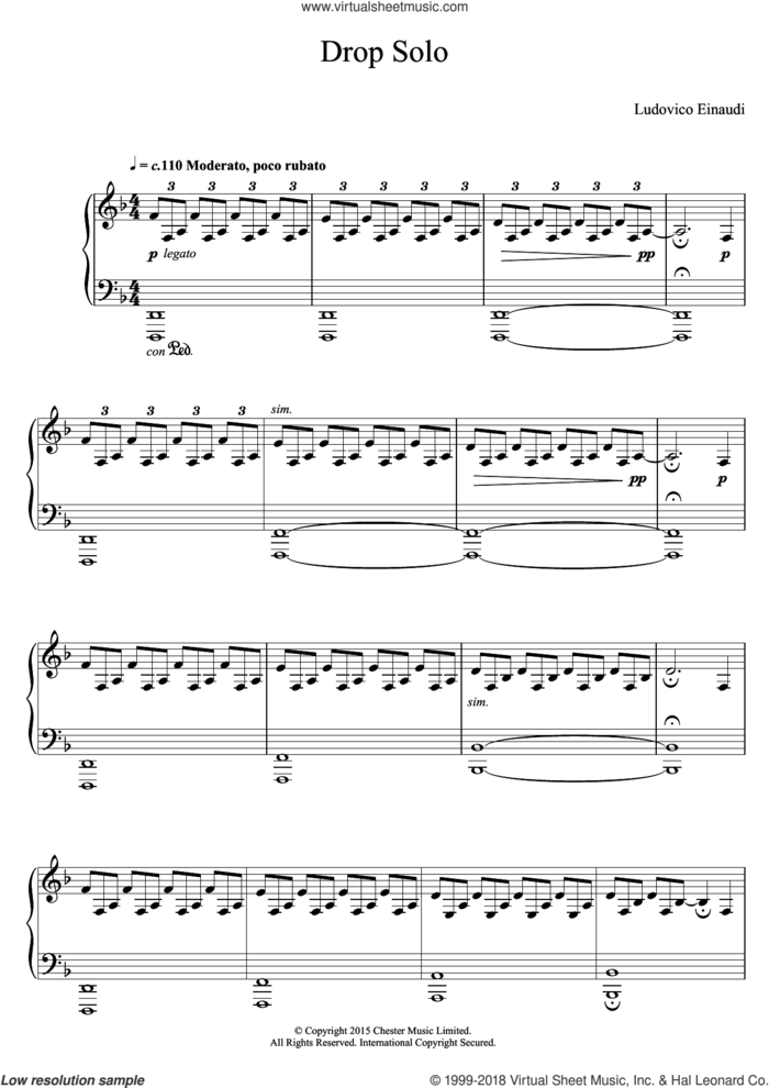 Drop Solo sheet music for piano solo by Ludovico Einaudi, classical score, intermediate skill level